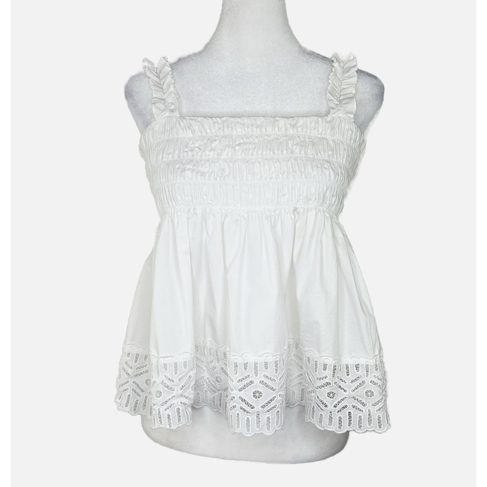 TORY BURCH White Smocked Lace Eyelet Ruffle Boho Coastal Cowgirl Baby Doll‎ Sz 8